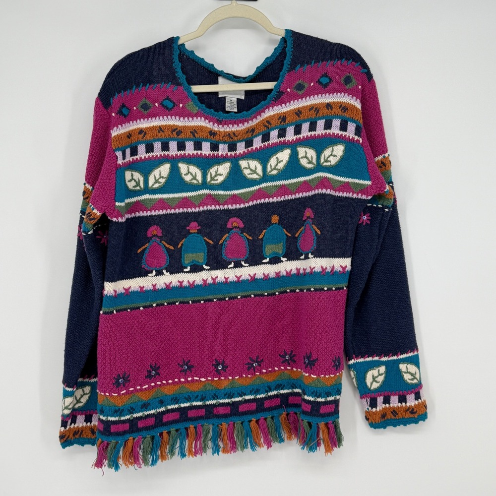 Blast Folk Art Knit Sweater Fringe Hem Nordic People Winter‎ Medium Novelty